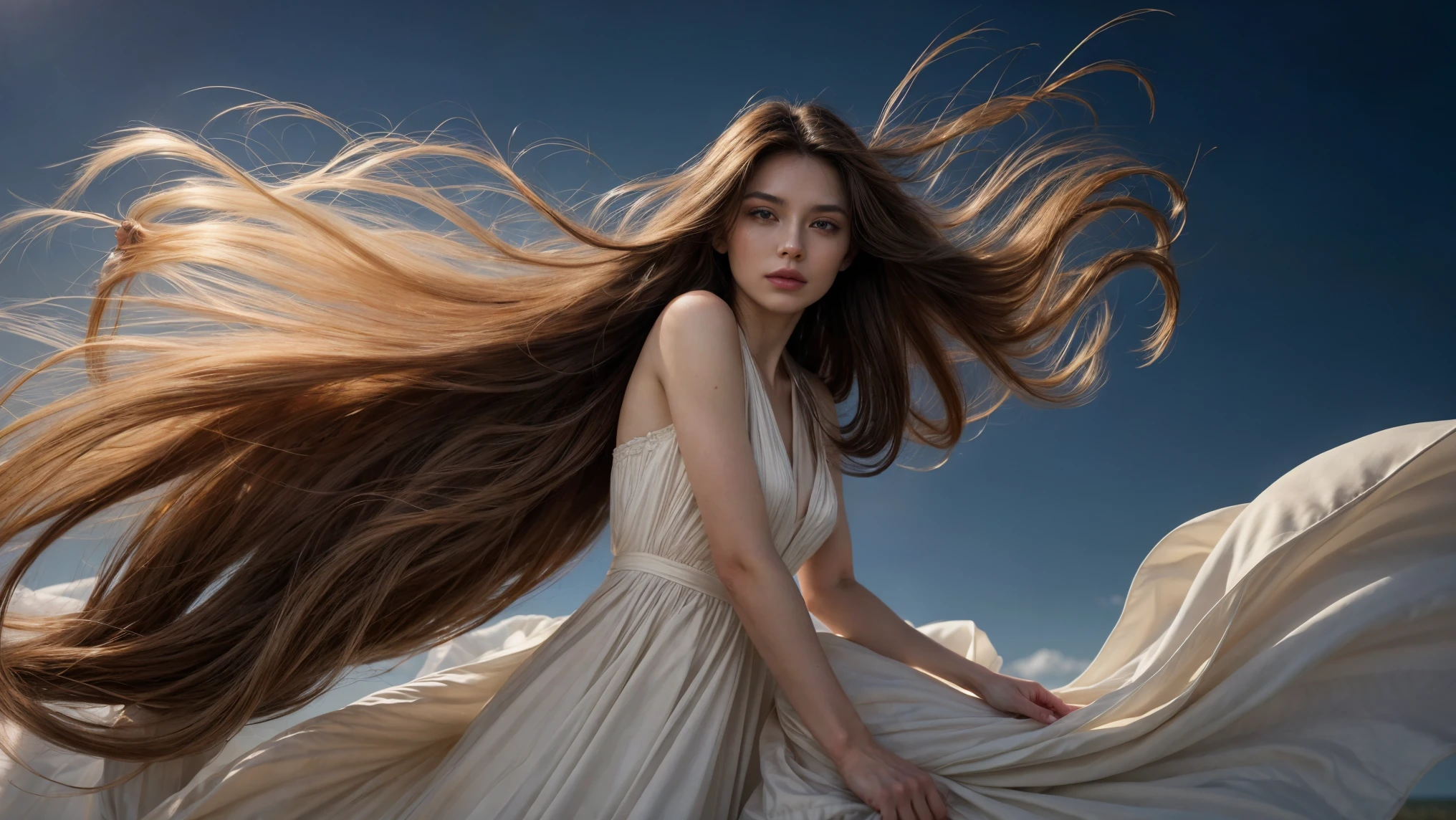 envision a radiant woman graced with luxuriously long hair, elegantly attired in a cocktail dress. Her locks are not merely long but exceptionally so, each filament animated by a relentless breeze. As the wind weaves through her hair, it creates a dynamic display of airborne strands, each highlighted against the backdrop by expert backlighting. The scene captures the very soul of modeling photography, where the extraordinary length of her hair ebbs and flows like a natural element. This image, deeply rooted in the finesse of editorial photography, shows her hair not only being tousled by the wind but seeming almost weightless, as if each strand is momentarily suspended mid-air, a testament to the invisible force surrounding her