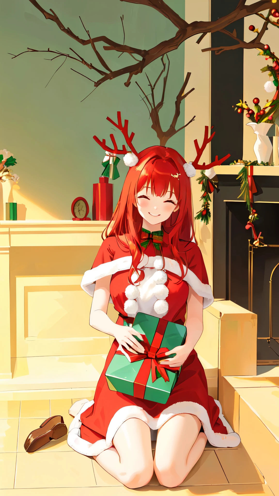 A girl with red hair,Wear Christmas clothes,It has antlers on its head,Hold it in both hands,Hands holding Christmas gifts,Good figure,Long legs,Head down,Smile,Squinting eyes