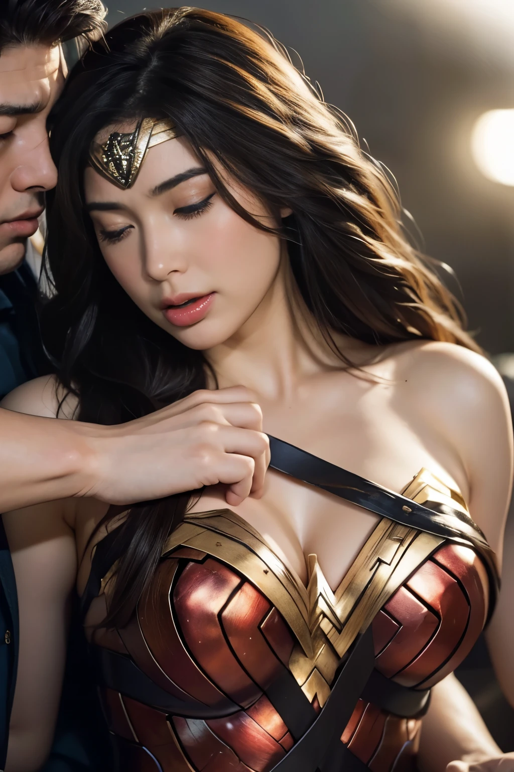 私はWonder Womanです、完璧なWonder Womanの衣装，Hug from the front,お姫様Hugged,Hugged,Being strangled,You can hold it，Leaning on the man，Hugged，Can be lifted，Men lick my face with their tongues,The guys lick my head with their tongues,Men lick my hair with their tongues,My body is licked by men,sleeping face,Close ~ eyes,Open your mouth,Tired face,Face of Suffering,sleeping face,Being slapped in the face,Getting punched in the face,Fighting with men,Fight with the men,Surrounded by men,,Caught between the men,Being held back by men,Entanglement with males, Attacked by men,Brown Hair,  masterpiece、beautiful girl、fine 目、puffy eyes、highest quality, 超High resolution, (reality: 1.4), Cinema Lighting,so beautiful、Beautiful Skin、(超reality的な)、(High resolution)、(8k)、(Very detailed)、(beautiful and fine 目)、(Very detailed)、 Detailed face、Diagonal bangle hair、Brown Hair、20-year-old、Wonder Womanのコスプレ，Wonder Woman