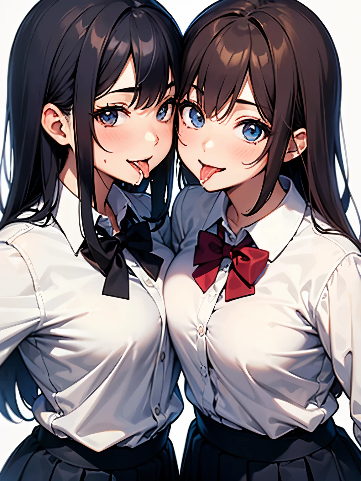 2girl,face close up, focus on tongue,looking at viewer, yuri, kiss, drooling、face to face,tongue out,licking tongue,, sweaty, nsfw,,gyaru, collarbone, bow, loose bowtie, white shirt, collared shirt, long sleeves, bracelet, wrist scrunchie,blue skirt, pleated skirt,
clothes around waist, naughty smile, disgusting, disdaining,licking each other's tongues,low angle shot,cum on tongue