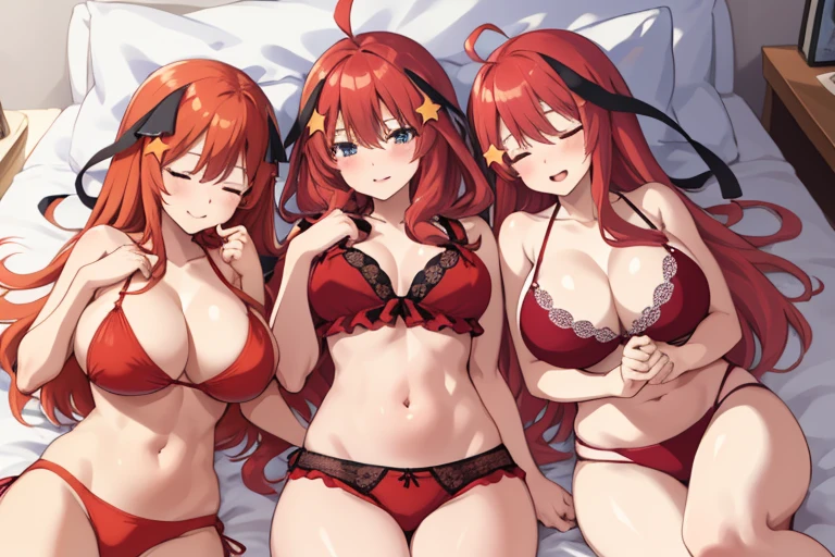 2d, masterpiece, best quality, anime, highly detailed, 5 girl, photo of 5 girl, quintuplets, nakano itsuki, red hair, long hair, star hair ornament, ahoge, large breasts, closed eyes, bedroom, red bikini, indoors, sexy body, perfect body, 5 identical sisters sleeping together in the big bed on the left side lineup