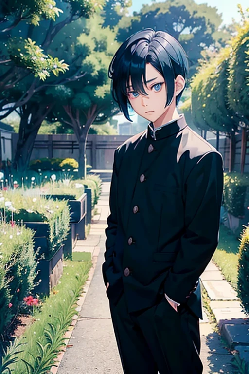 young boy, tall boy,  blue hair, bob hair cut, blue eyes, wearing black student outfits, black gakuran, anime boy, shy face, in a garden, shy face, cute anime pose, hd, masterpiece, best quality, grey filter, 4k, anime, 8k, black lines