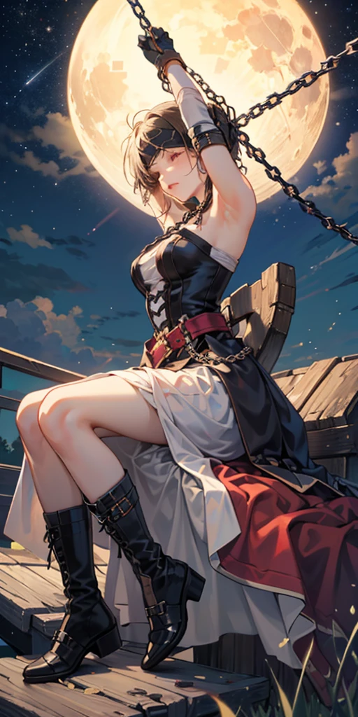 masterpiece, best quality, JingliuV5, 1girl, solo, gloves, gloves, dress, bare shoulders, closed mouth, boots, sky, black gloves, black footwear, blindfold, night sky, full moon, elbow gloves, armpits, arms up, ((chain, bound, restrained:1.3)), sitting, wariza, night, starry sky, sky, cowboy shot, view from below, far shot