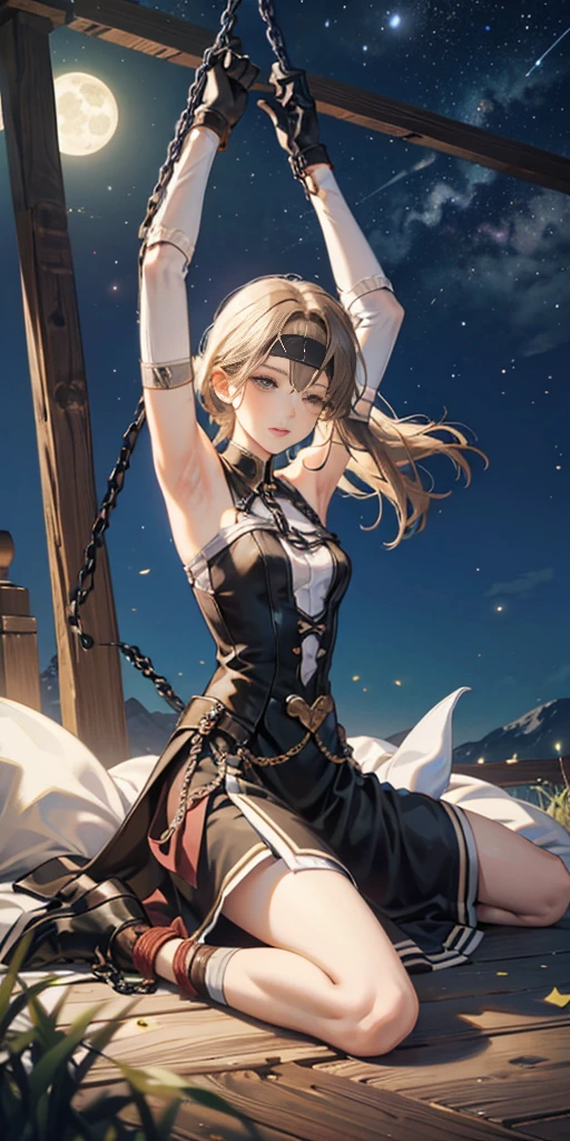 masterpiece, best quality, JingliuV5, 1girl, solo, gloves, gloves, dress, bare shoulders, closed mouth, boots, sky, black gloves, black footwear, blindfold, night sky, full moon, elbow gloves, armpits, arms up, ((chain, bound, restrained:1.3)), sitting, wariza, night, starry sky, sky, cowboy shot, view from below, far shot