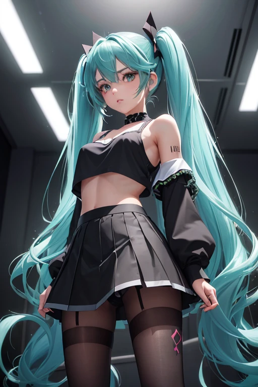 1girl, solo, blush, head tilt, legs apart, lips apart, unamused, aquamarine eyes, aqua hair, aqua twintails, very long hair, argyle pantyhose, black pantyhose, bare shoulders, black shirt, black sirt, crop top, cropped shirt, collarbone, Hatsune Miku, high heels, high-waist skirt, lips, long sleeves, makeup, (messy hair:1.2), plaid skirt, shiny hair, shrug (clothing), (small breasts:1.3), looking at viewer, standing, (from below, full body:1.4), Beautiful eyes with fine symmetry, detailed face texture, beautiful detail eyes, (cinematic lighting:1.2), (detailed_light:1.1), (dreamy:1.1), (stylized:1.3), (Highly detailed), (high resolution), (Best quality), (masterpiece)