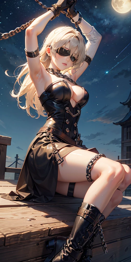 masterpiece, best quality, JingliuV5, 1girl, solo, gloves, gloves, dress, bare shoulders, closed mouth, boots, sky, black gloves, black footwear, blindfold, night sky, full moon, elbow gloves, armpits, arms up, ((chain, bound, restrained:1.3)), sitting, wariza, night, starry sky, sky, cowboy shot, view from below, far shot