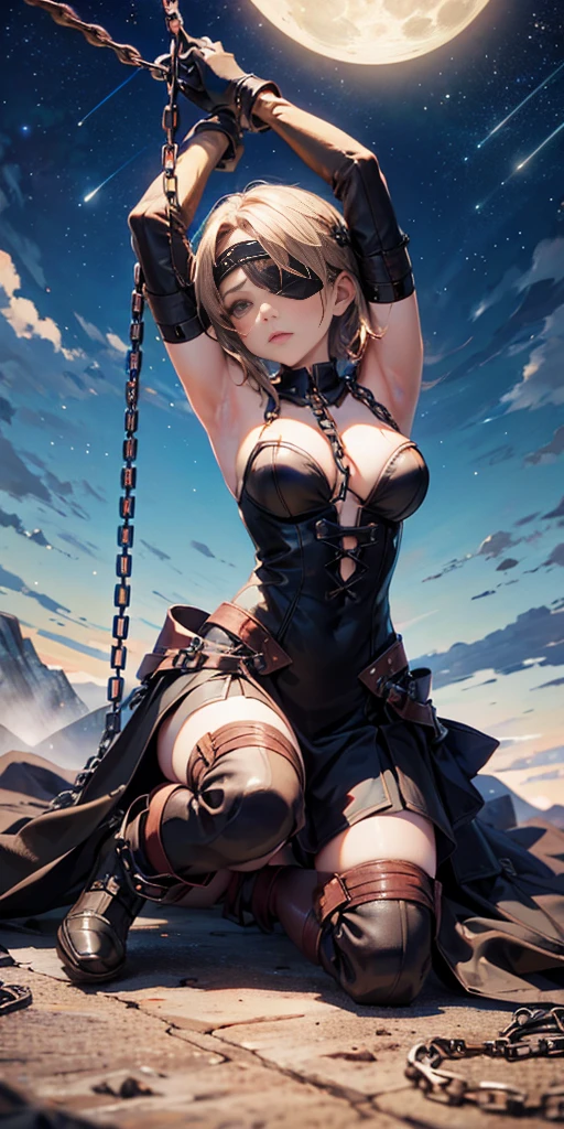 masterpiece, best quality, JingliuV5, 1girl, solo, gloves, gloves, dress, bare shoulders, closed mouth, boots, sky, black gloves, black footwear, blindfold, night sky, full moon, elbow gloves, armpits, arms up, ((chain, bound, restrained:1.3)), sitting, wariza, night, starry sky, sky, cowboy shot, view from below, far shot