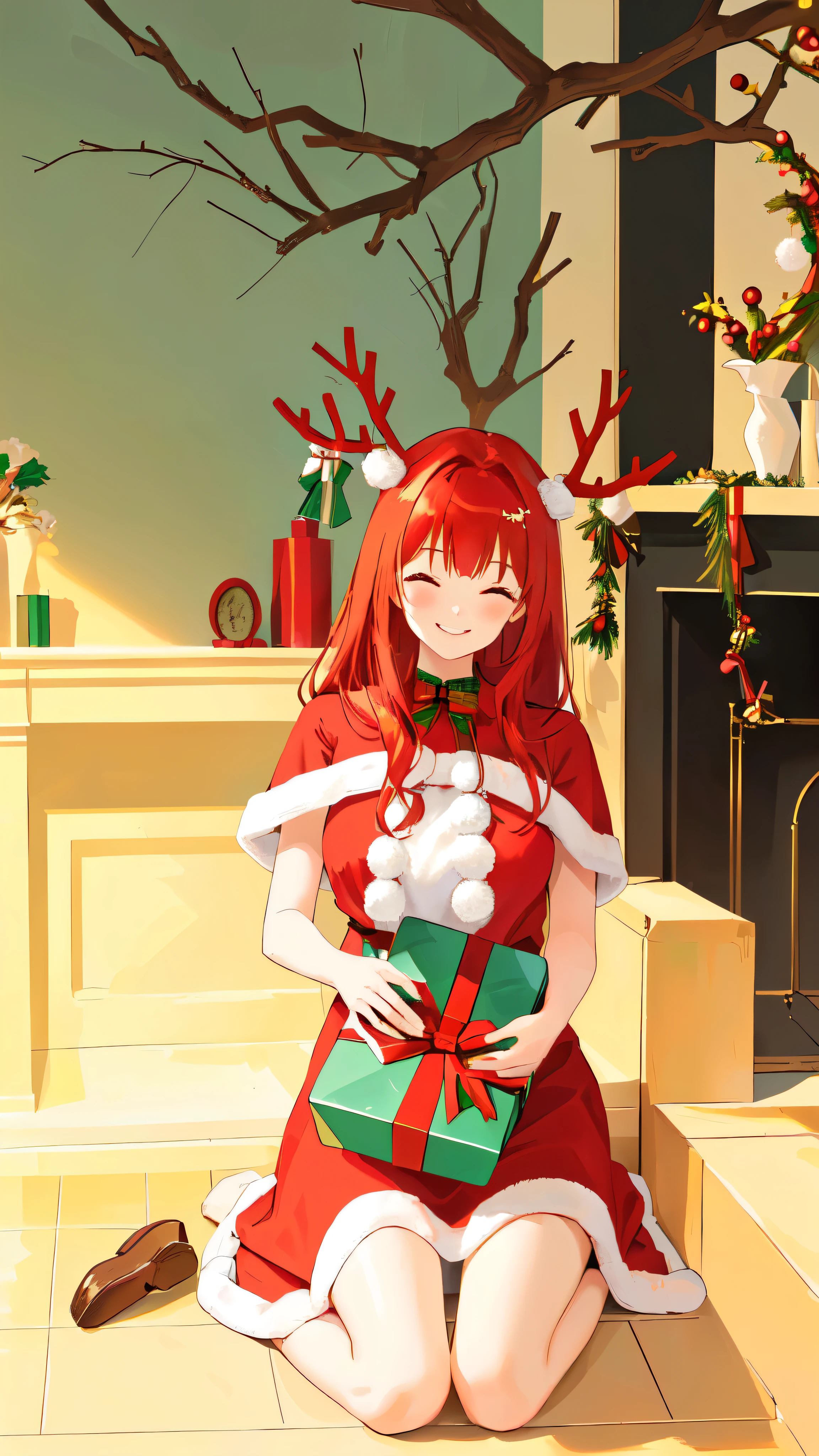 A girl with red hair，Wear Christmas clothes，It has antlers on its head，Hold it in both hands，Hands holding Christmas gifts，Good figure，Long legs，Head down，Smile，Squinting eyes