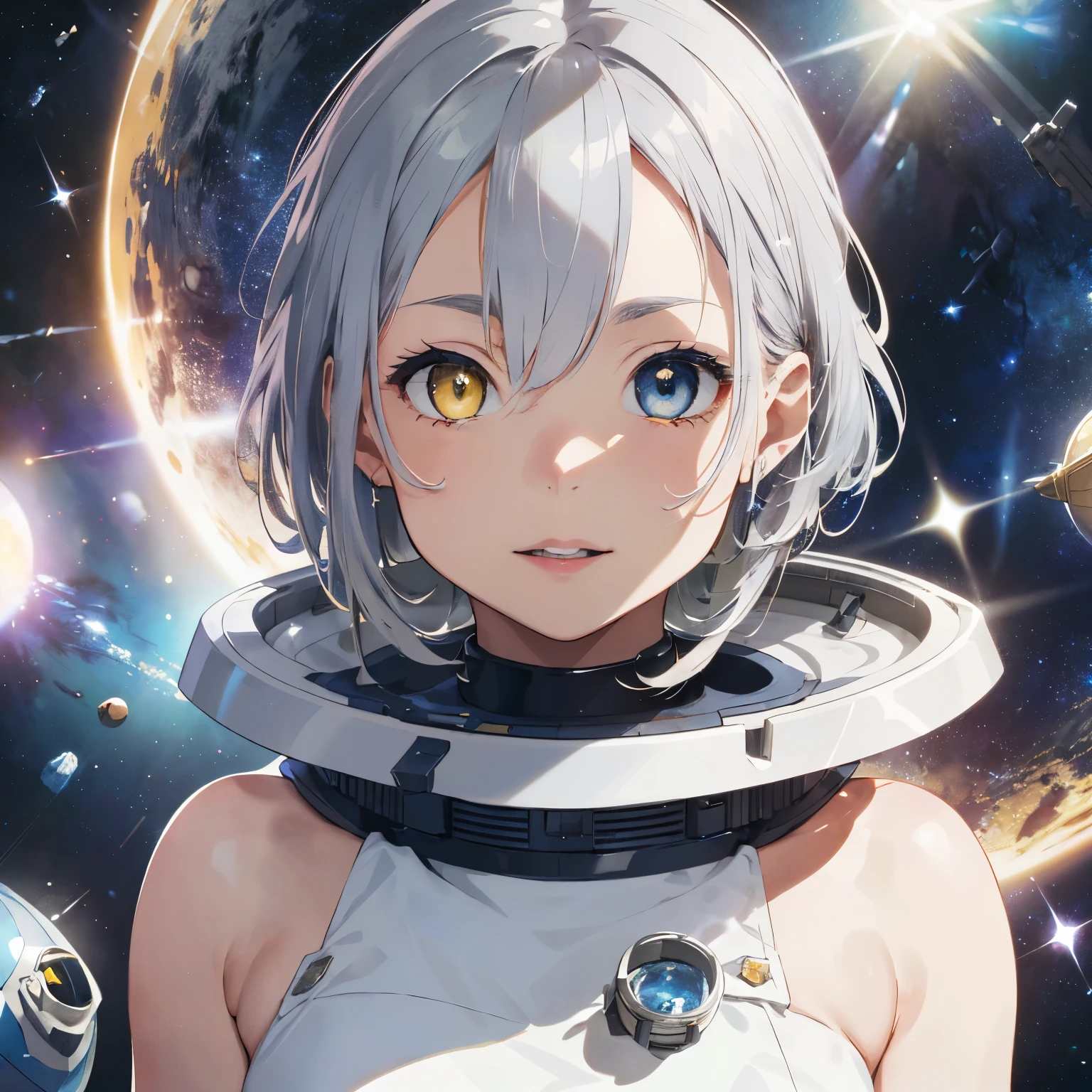 (A captivating masterpiece in intricate close-up: 1.5, 0.9],
(Space explorer with messy, radiant silver hair: 1.1),
(Yellow eyes with striking heterochromia and deep blue eyes: 1.2),
(Donning a state-of-the-art space helmet: 1.0),
(Colored stars twinkling in the depths of their eyes: 1.0),
(Basking in the warm radiant light: 1.1),
(Possessing full, seductive lips: 0.9),
(Naked and unapologetic,
