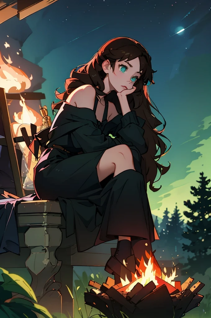 (best quality: 1.3), (masterpiece: 1.1), (illustration: 1.2), (ultra-detailed: 1.2), beautiful detailed green eyes,
(Extremely detailed background:1.1), (bonfire1.1), twilight, moon, fog, forest, camp
Bonfire 
(1girl), ((sitting)), (dark brown hair), (long curly hair), (expressionless), ((side face)), staring at pensive campfire, mouth shut,
Black porcelain dress with gold buttons, bare shoulders