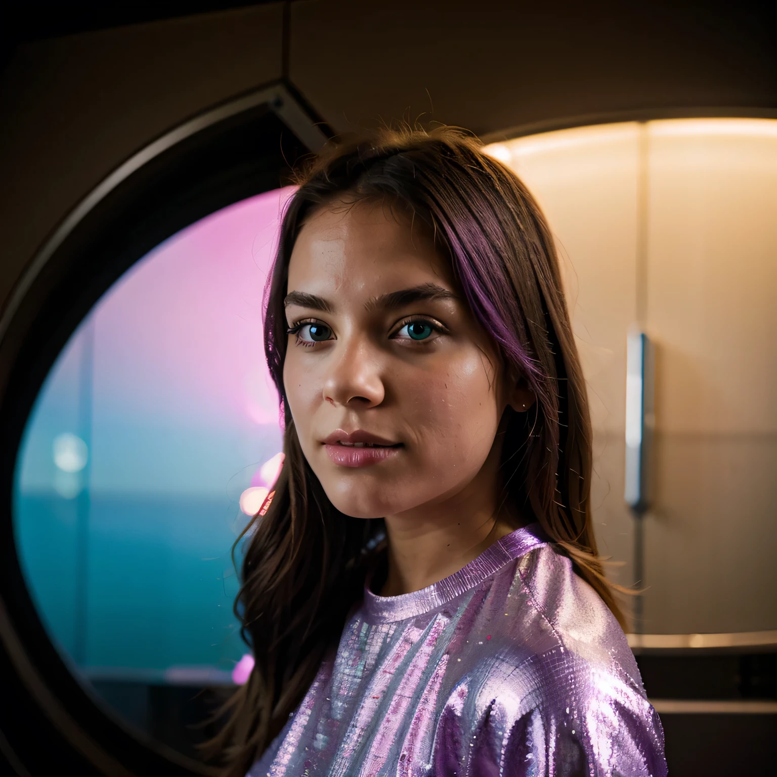 Photo of a college student, Purple Pink, Futuristic space suit, (freckle:0.8) Cute face, Science Fiction, Dystopia, Delicate eyes, Green pupils（（side view））Underground base in lunar soil