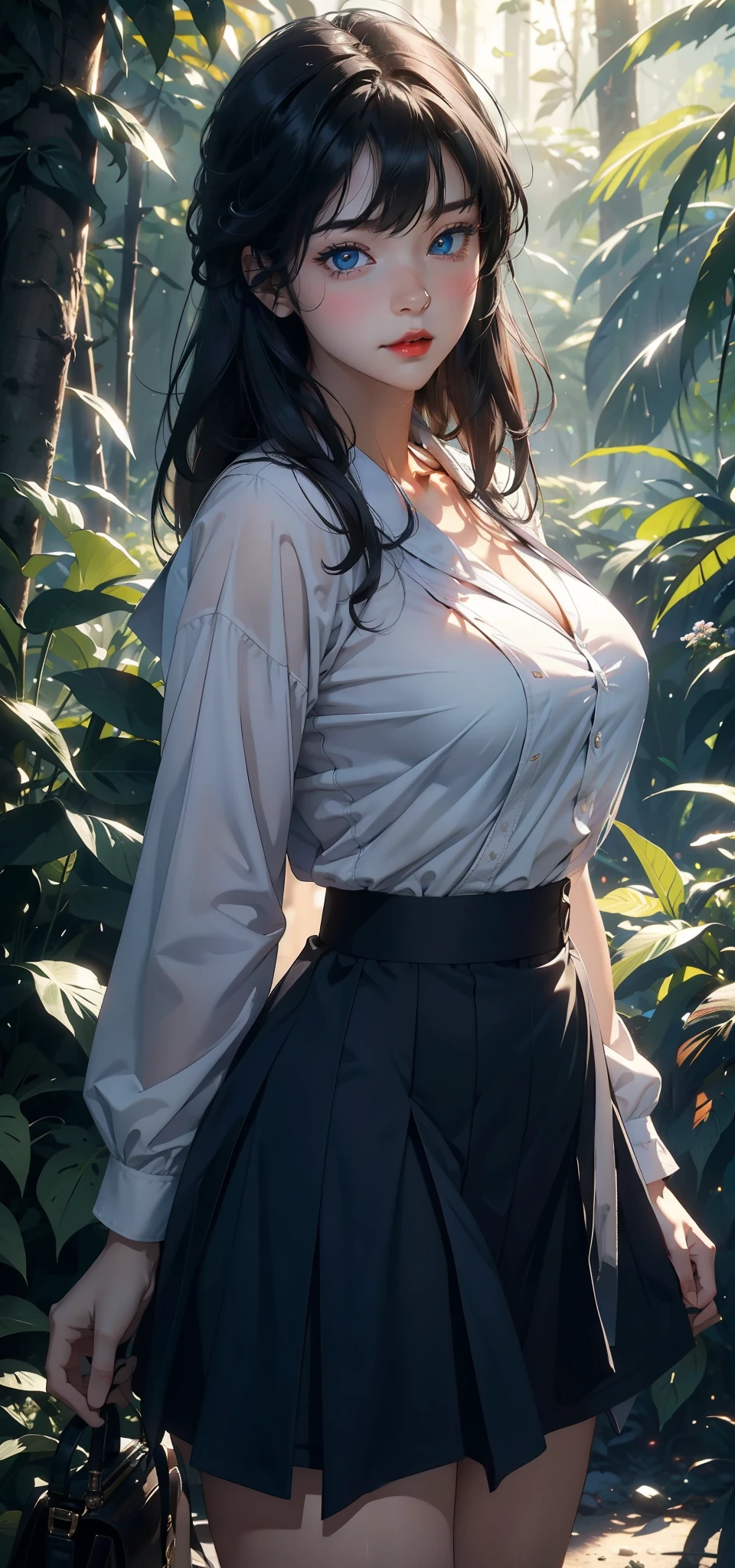 1 female，（background：In the woods，Rainforest，In the summer，Strong wind） She has short black hair，Bangs，Straight Hair，Red lips，stand up，Front view， OK， Gloomy sky，（（（masterpiece），（Highly detailed CG Unity 8k wallpaper），最OK质量，Light，详细background，Beautiful blue eyes，（Very delicate and beautiful），（Beautiful and detailed description of the eyes），Super detailed，masterpiece，）），face camera，high resolution，Super detailed），Exposing breasts，American high school student（Wear：Uniforms，Sailor uniform）