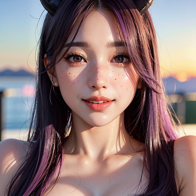 Succubus, 23 years old, south korean, idol, masterpiece, 4k, perfect face, horns, soft skin, purple skin, freckles under eyes, long whavy purple hair, shining bright purple eyes, red eyeliners, red lips, big smile, closed mouth, natural makeup, soft lighting, bright colors, sunset background, portrait, face focus, face closeup.