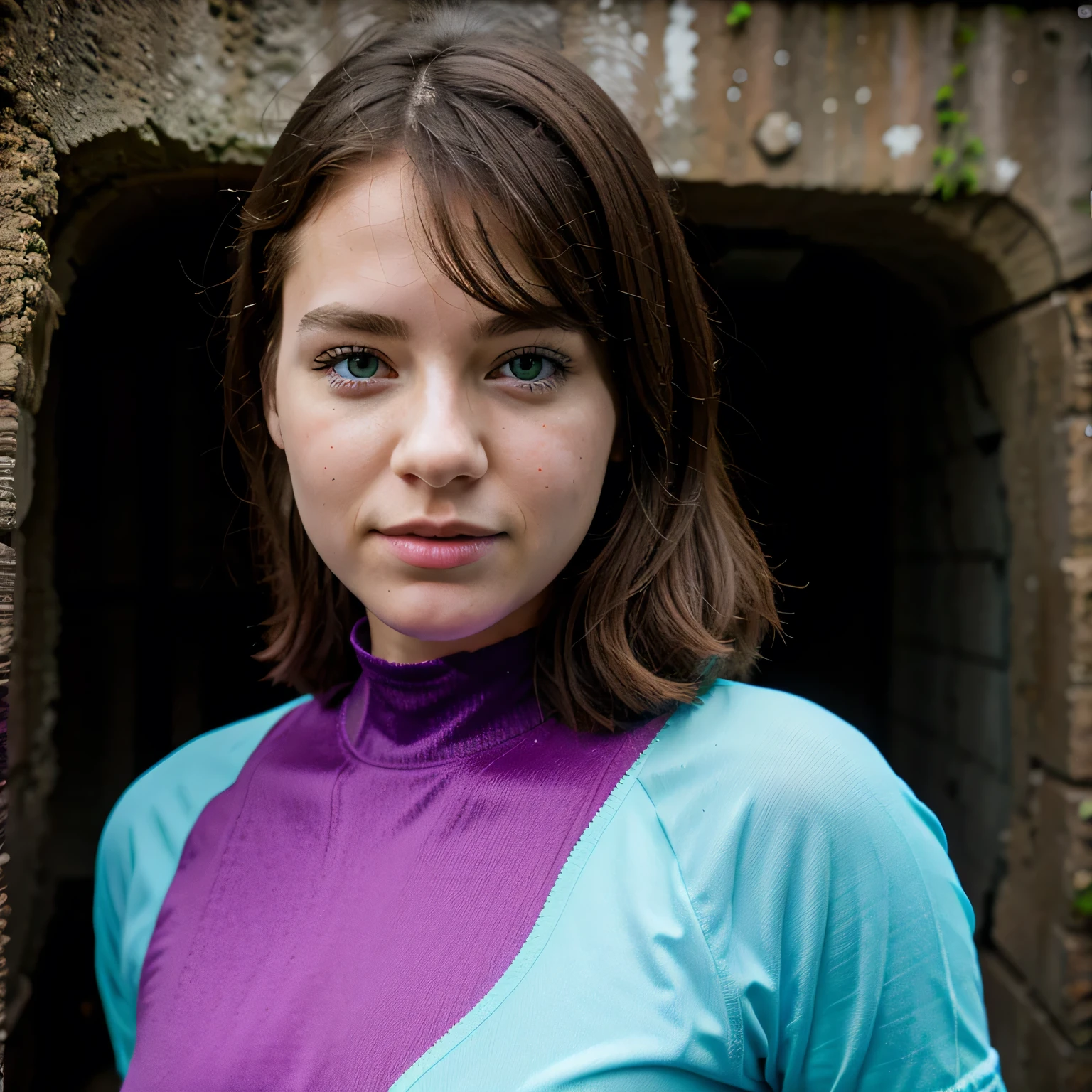 Photo of a college student, Purple Pink, Futuristic space suit, (freckle:0.8) Cute face, Science Fiction, Dystopia, Delicate eyes, Green pupils（（side view））Underground base in lunar soil