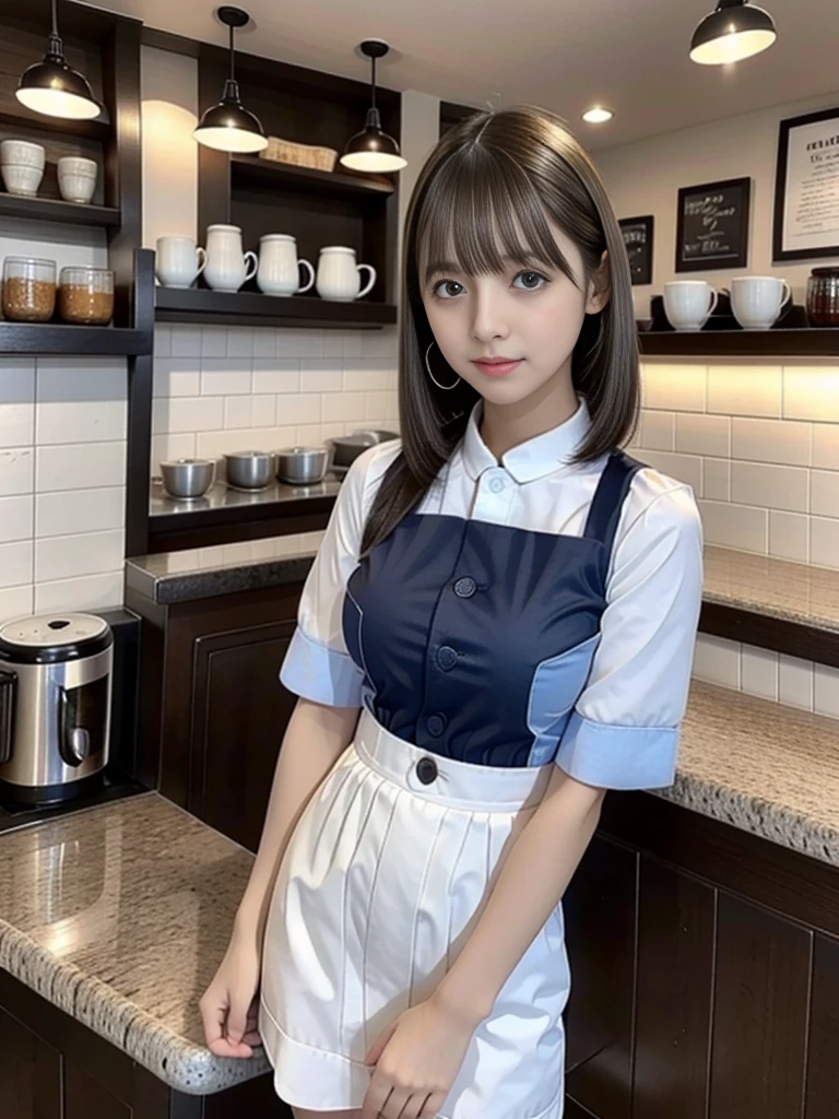 highest quality,8K,masterpiece,high resolution,The background is a cafe,Cafe attendant costume,Larger breasts、Bob cut hair,Full Body Shot