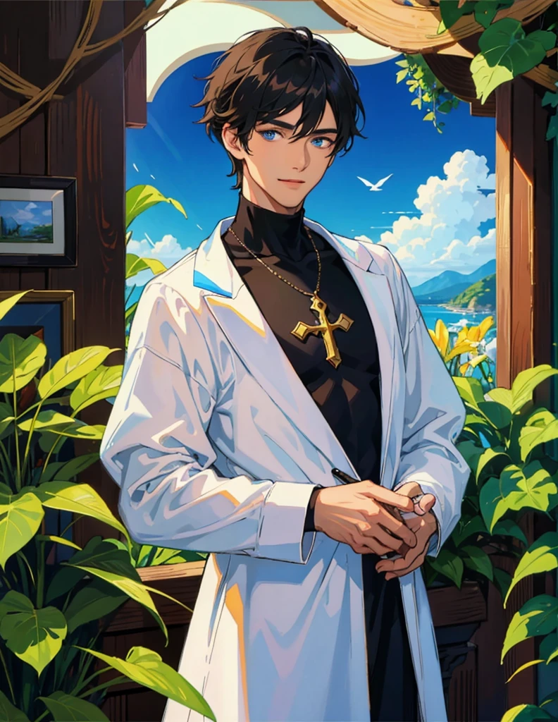 animesque、(masterpiece、top-quality、top-quality)、Handsome men、black colored hair、Detailed face、Brown-skinned、Very beautiful blue eyes、He looks up with a gentle smile.、Wearing a light white shawl over a black turtleneck tank top、The background is a small amount of plants in the interior of a Cycladic building、Portrait、Sunlight、green lighting、Macro for the eyes、birdseye view、From above, Looking at Viewer, Cowboy Shot、He is a writer and has a quill pen