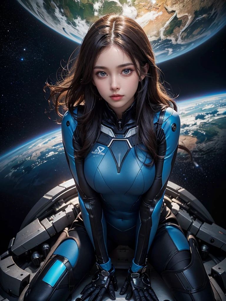 (A hyper-realistic, hight resolution, ighly detailed:1.2), (8K), (beatiful detailed eyes, A detailed face:1.2), (top-quality), (ultra-detailliert), ((masterpiece)), Beautiful woman experiencing weightlessness in space, Enjoy spacewalking , Shapely, Longhaire, Beautiful woman with blue eyes, (A beautiful girl equipped with a full-body mechanical suit.:1.3), (half - body shot), In the background you can see the beautiful blue earth,