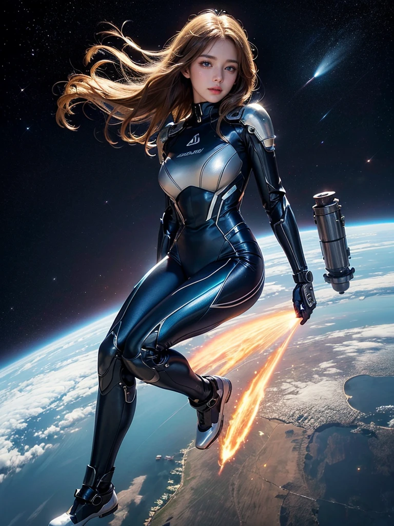 (A hyper-realistic, hight resolution, ighly detailed:1.2), (8K), (beatiful detailed eyes, A detailed face:1.2), (top-quality), (ultra-detailliert), ((​masterpiece)), Beautiful woman experiencing weightlessness in space, Enjoy spacewalking , Shapely, Longhaire, Beautiful woman with blue eyes, (A beautiful girl equipped with a full-body mechanical suit.:1.3), (half - body shot), In the background you can see the beautiful blue earth,