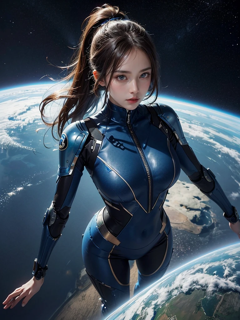(A hyper-realistic, hight resolution, ighly detailed:1.2), (8K), (beatiful detailed eyes, A detailed face:1.2), (top-quality), (ultra-detailliert), ((masterpiece)), Beautiful woman experiencing weightlessness in space, Enjoy spacewalking , Shapely, Longhaire, Beautiful woman with blue eyes, (A beautiful girl equipped with a full-body mechanical suit.:1.3), (half - body shot), In the background you can see the beautiful blue earth,