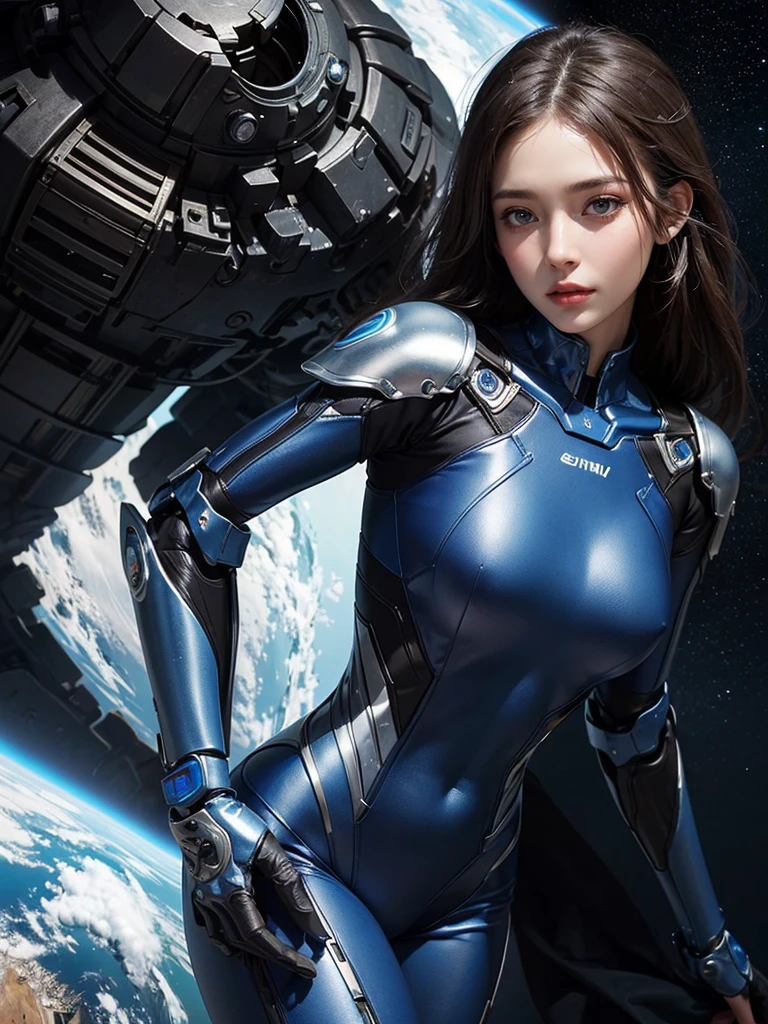 (A hyper-realistic, hight resolution, ighly detailed:1.2), (8K), (beatiful detailed eyes, A detailed face:1.2), (top-quality), (ultra-detailliert), ((masterpiece)), Beautiful woman experiencing weightlessness in space, Enjoy spacewalking , Shapely, Longhaire, Beautiful woman with blue eyes, (A beautiful girl equipped with a full-body mechanical suit.:1.3), (half - body shot), In the background you can see the beautiful blue earth,