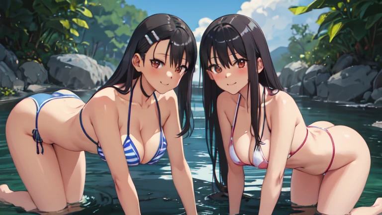 best quality, masterpiece, highres, trio, (nagatoro_hayase_donttoywithmemissnagatoro:1.10), 3girls, triplets, identical sisters, anime coloring, mole under eye, red eyes, looking at viewer, parody, portrait, smile, closed mouth, anime_style, 11, full body, sexy body, perfect body, large breasts, onsen, on all fours, blue and white lines bikini, outdoors 