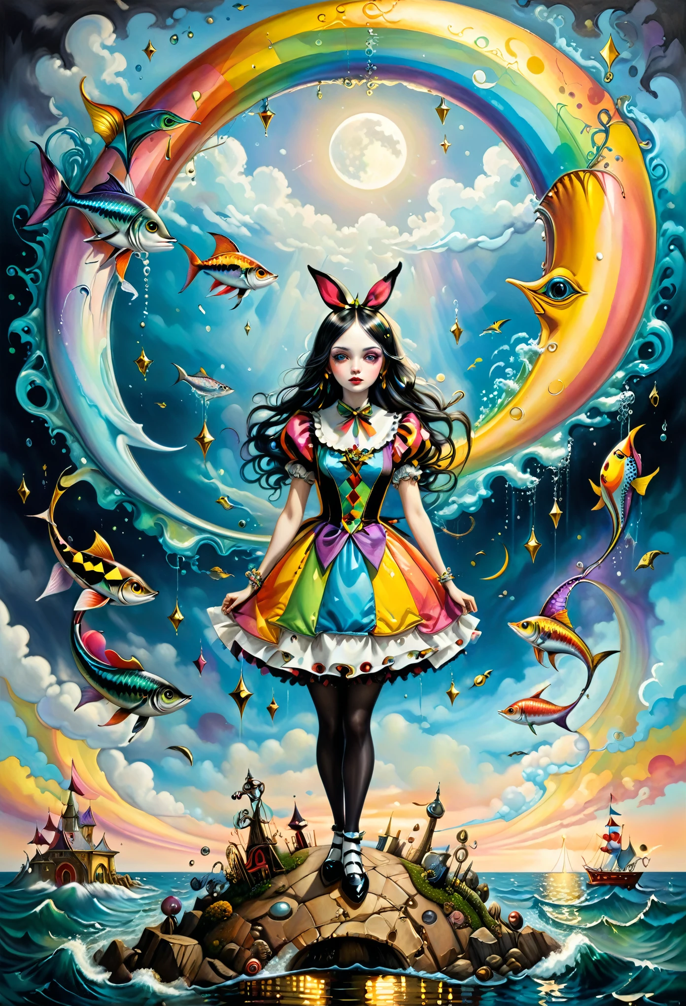 Alice Pop surrealist, circus themed painting inspired by Michael Cheval, Jacek Yerka and Gabriel Pacheco showing a rainbow colored harlequin standing on a crescent moon meditating over the sea and looking at flying fishes. Ink painting. Golden line, liquid gold. Masterpiece, whimsical art, maximalistic art, hyper-detailed, muted colors,on parchment, (alice world of madness:1.2)
