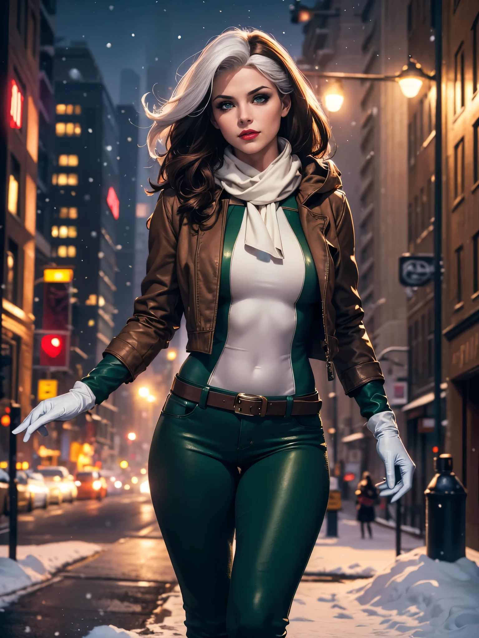 (masterpiece:1.0), (best_quality:1.2), (dark shot:1.3), Classic Rogue, 1991 Rogue X-Men, 1 girl, Only 1, head to toe view, standing on a street corner, elegant pose, (clothing: brown winter coat with a hood, down lining, white scarf, green sweater, gloves, jeans) medium length hair, brown hair, wavy hair, one lock of white hair, green eyes, mischievous look, smirk, parted lips, fit figure, medium breasts, red lipstick, heavy makeup, confident look, backlit, (realism: 1.5), (Realistic: 1.4), (Absurdity:1.4), 8k, ultra-detailed, Detailed Beautiful Woman, very physically fit girl, (background: midnight, snowing, on the streets of New York, snowy night), official art, extremely detailed CG unity 8k wallpaper, perfect lighting, Colorful, ultra high res, photography, 8K, HDR, Kodak portra 400, film grain, blurry background, (bokeh:1.2), (vibrant_color:1.2), film grain:1.2, (warm hue, warm tone:1.2), (color photo), professional photograph