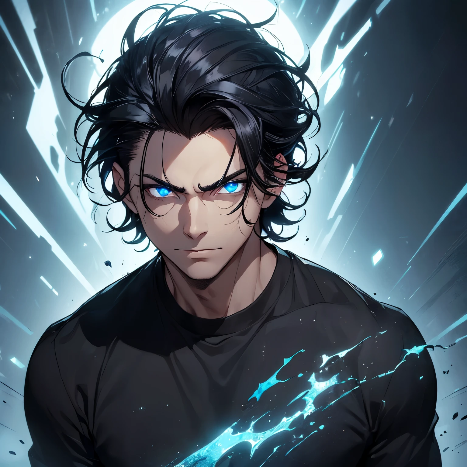 ((Man)), ((dark black hair)), ((messy combed back hairstyle)), short hair, ((blue eyes)), black shirt, defined body, glowing eyes, dark background
