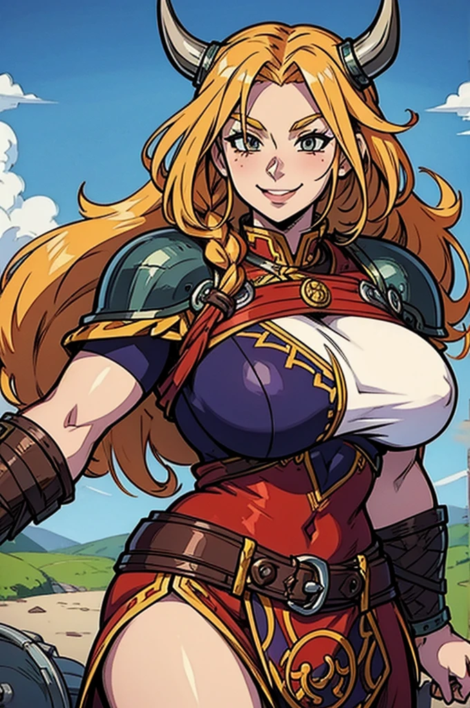 SFW, anime woman, viking woman, blode hair, braided hair, wide smile, strong woman, warrior woman