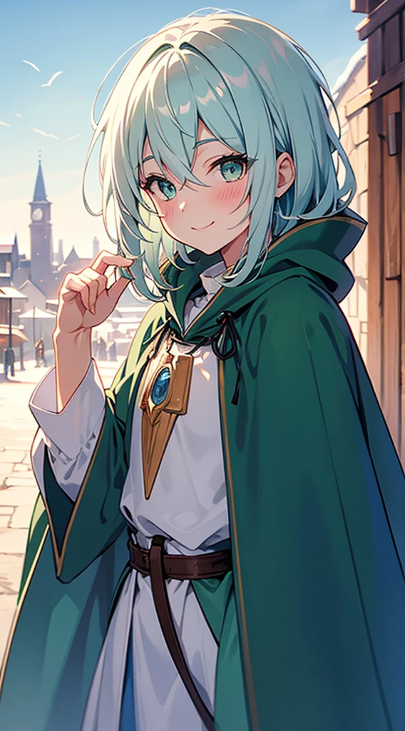 [[[ ultra-detailed, best quality, soft skin, beautiful, 4K]]], portrait, green viridian eyes, white hair with shades of blue, traveling cloak, medieval village background,, smiling, blushing, skinny body,