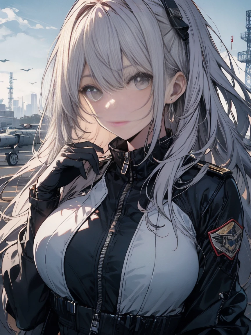 masterpiece, highest quality, Super detailed, figure, military base, Depth of written boundary,Fighter plane in the background、Pilot Suit、Large Breasts、The zipper on the chest is open、
 Delicate skin texture, Delicate fabric texture, Nice and polite face, Normal hand, whole body
