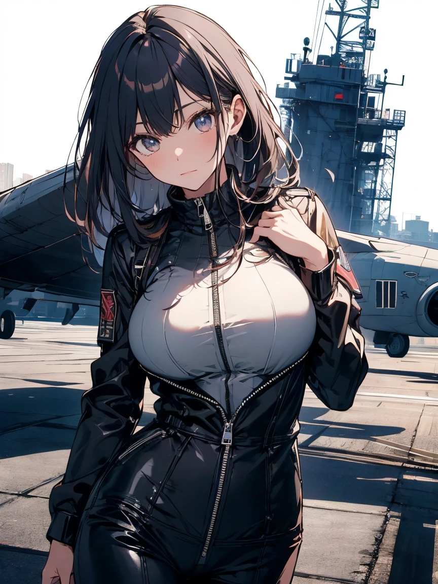 Commander Woman、beautiful、Near future、upright、Salute with your right hand、Left hand lowered、Black military uniform、Black Cape、Black Mini Tight Skirt、Black military boots、Black Stockings、Black Hair、(Deep blue eyes、beautiful二重)、thin black tie、Slender body、Black Beret、Wings Medal、Rank insignia on shoulder、He has a gun、(Blue sky and white clouds on background、Gray fighter plane in background)、Sideboob、Thighs、Black lace panties