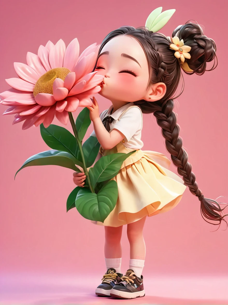 Cute girl with long braids,Kissing in front of the camera,Wearing a skirt,Holding a huge flower,(Close one eye:1.3),3D Rendering,Solid color background,specific,chibi anime,Surrealism, Cartoon Style, full-body shot, Super Detail, Anatomically correct, masterpiece, precise