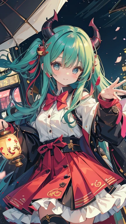 Japanese anime style.
Hong Kong at night, a park with dancing cherry blossoms.
A cute magical girl and a cool male demon lord are having fun dancing the Parapara Dance.
[Characteristics of cute magical girls]
Long light green twin tails.
The hair ornament is beautiful, but it also comes with an ugly and cute mascot character.
She carries a sparkling magic cane with a large jewel on it.
[Characteristics of the male demon king]
He's a handsome, mature man in his 30s.
He has horns on his head and his hair is reddish-purple and very long.
He is wearing a cool long coat, but it has something like a mascot character attached to it.
He has large bat-like wings growing from his back.
Beside him is a small and cute dragon-like monster.