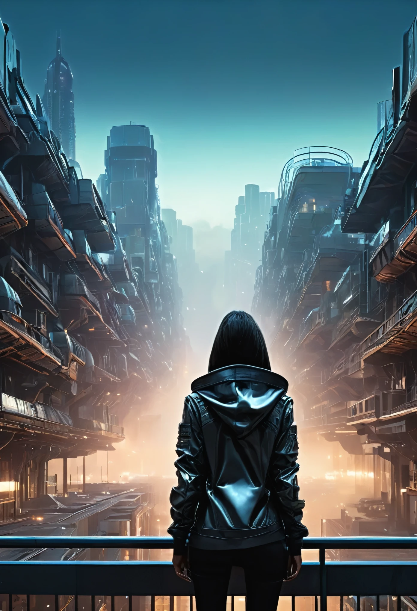 image taken from behind the shoulder of a GIRL with her back turned and DRESSED IN A HOOD from a balcony of a futuristic building with, She is looking at an aerial view of an ultra-futuristic North American megalopolis, view of the entire city with many metal buildings and houses in dark colors from dark blue to black, a cidade tem tons de cinza metal, has smoky metal structures , industrial environment with smoke and fog around, carros escuros nas ruas, desert megalopolis, trilhos e trens modernos de de metal passando estre as ruas da cidade, tall futuristic metal buildings, many ultra modern buildings around, , as realistic as possible, As detailed as possible, Science fiction
