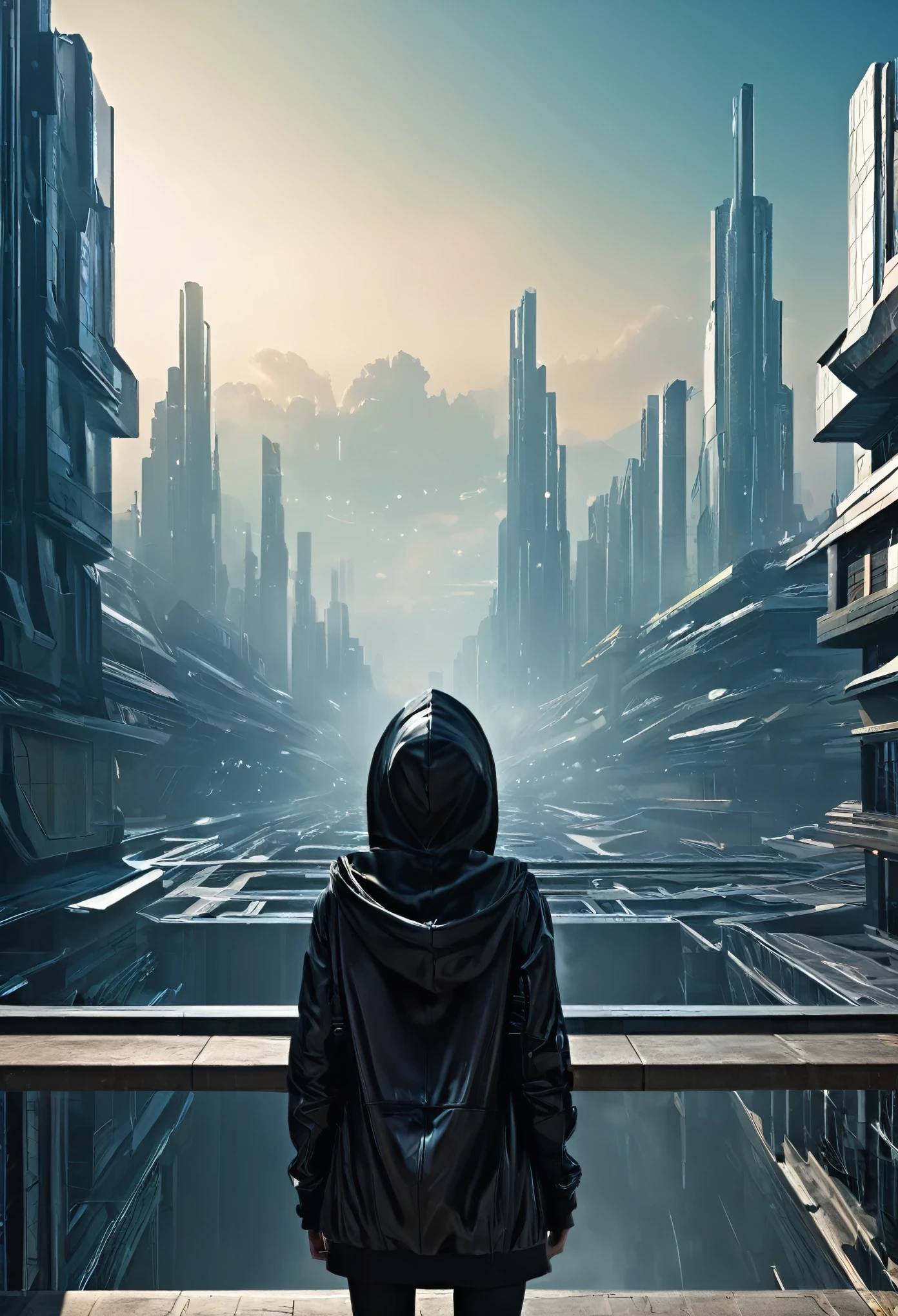 image taken from behind the shoulder of a GIRL with her back turned and DRESSED IN A HOOD from a balcony of a futuristic building with, She is looking at an aerial view of an ultra-futuristic North American megalopolis, view of the entire city with many metal buildings and houses in dark colors from dark blue to black, a cidade tem tons de cinza metal, has smoky metal structures , industrial environment with smoke and fog around, carros escuros nas ruas, desert megalopolis, trilhos e trens modernos de de metal passando estre as ruas da cidade, tall futuristic metal buildings, many ultra modern buildings around, , as realistic as possible, As detailed as possible, Science fiction
