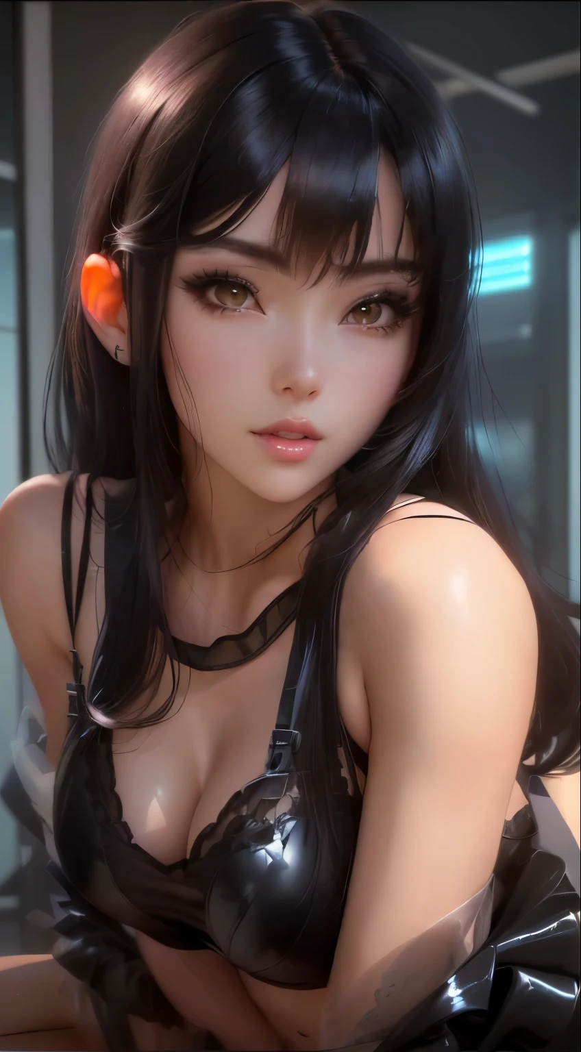 Close-up of a woman wearing purple and black transparent top and panties, Attractive anime girl, Surreal sweet bunny girl, Surrealist anime, black hair and big eyes, Realistic anime, Charming anime girl, Anime girls in real life, 3D animation realistic, Seductive portrait of Tifa Lockhart, Just an air doll, Beautiful and detailed body and face, Asian Girls