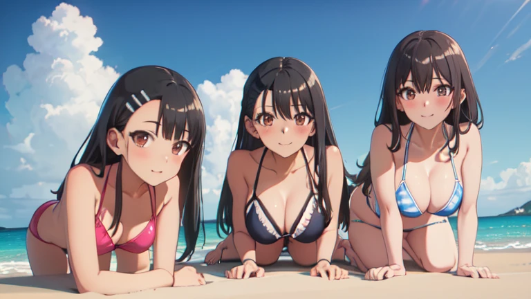 best quality, masterpiece, highres, trio, (nagatoro_hayase_donttoywithmemissnagatoro:1.10), 3girls, triplets, identical sisters, anime coloring, mole under eye, red eyes, looking at viewer, parody, portrait, smile, closed mouth, anime_style, 11, full body, sexy body, perfect body, large breasts, sitting in crossed legs, on all fours, blue and white lines bikini, outdoors