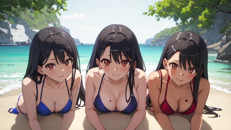 best quality, masterpiece, highres, trio, (nagatoro_hayase_donttoywithmemissnagatoro:1.10), 3girls, triplets, identical sisters, anime coloring, mole under eye, red eyes, looking at viewer, parody, portrait, smile, closed mouth, anime_style, 11, full body, sexy body, perfect body, large breasts, sitting in crossed legs, on all fours, blue and white lines bikini, outdoors 