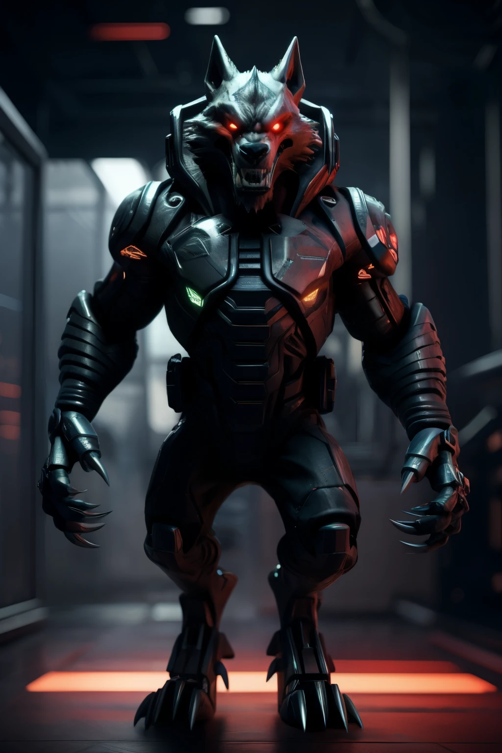 Create a ferocious futuristic robot wolf -- brother's creations, sleek metallic body, glowing red eyes, menacing snarling jaw, long and sharp claws, intricately designed circuitry, ultramodern armor plating, muscular frame, expressive and animated facial features, emerging from a dimly lit laboratory, captivating and detailed masterpiece, trending on ArtStation, highest quality render, unmatched realism, masterfully crafted by the skillful hands of your brother.