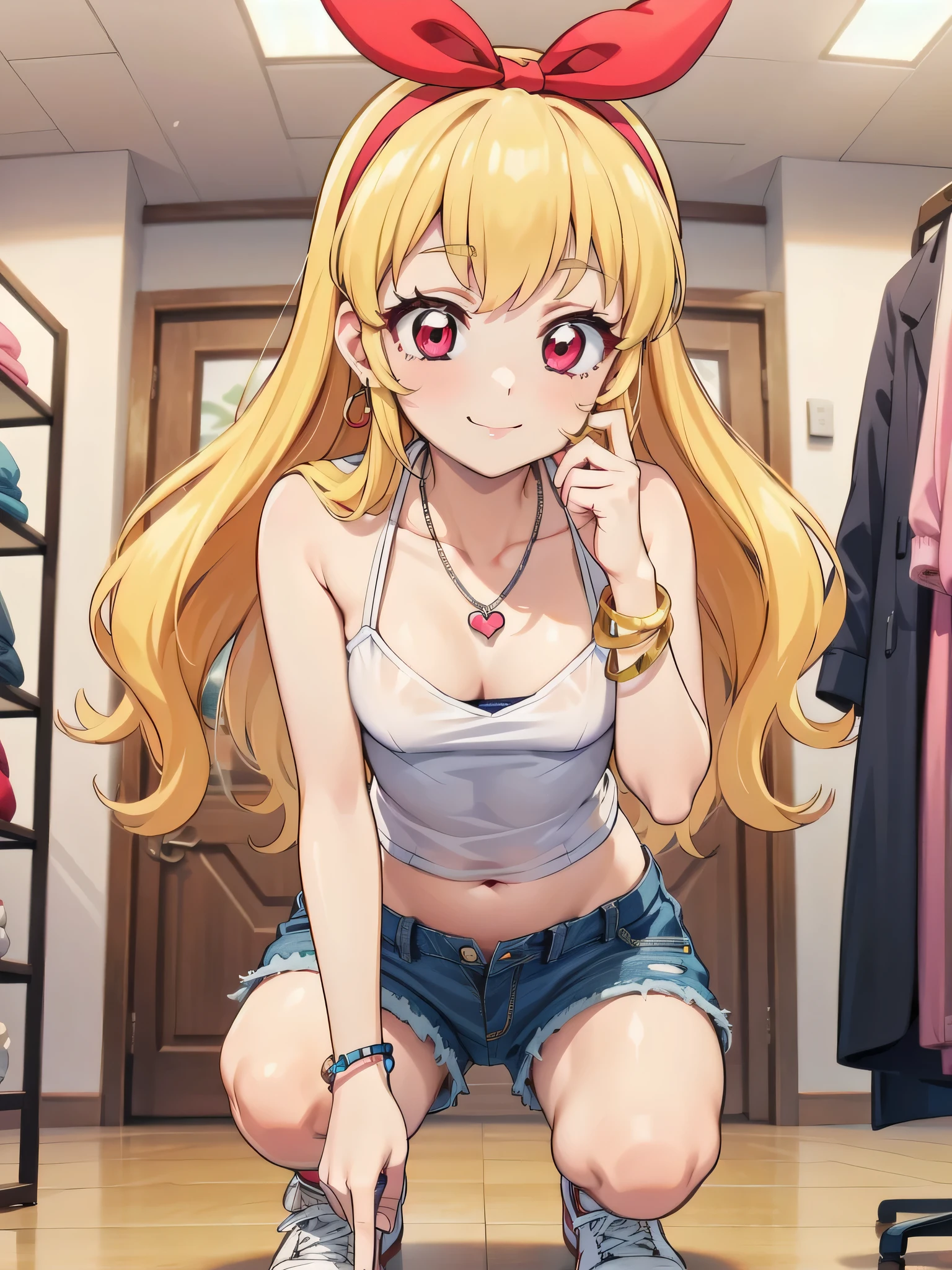 , ((beautiful)), ((masterpiece)), ((best quality)), (extremely detailed face), perfect lighting, highres, 8k, wallpaper, backlit, (absurdres), (ultra detailed, 8K, ultra highres:1.2), BREAK,(RED Ribbon on HAIRband:1.2),Blonde HAIR,smile,navel,groin,denim shorts,loose clothes,shirt pull:1.4,shorts pull:1.4,A fashionable female ,dressed in a casual yet stylish outfit,browsed the racks of clothes at the department store. She hummed a tune to herself as she examined the various accessories and small items on display. Her outfit consisted of a pair of ripped denim shorts paired with a loose, camisole and a pair of sneakers. She accessorized with a small, silver bracelet on her wrist. As she shopped, the girl couldn't help but be drawn to the various colorful and glittering items in the store. She picked up a pair of cute, heart-shaped earrings and a matching necklace,admiring them in the bright, fluorescent lighting,Ichigo Hoshimiya (Aikatsu!),from below,squatting,groin_focus,