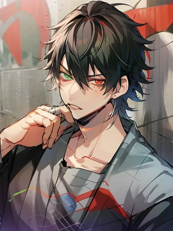 yamada ichiro\(Hypnosis Microphone\),(best quality)), buster bros, Male Focus,Red Eyes, Bangs, Black hair, Heterochromia, Green eyes,((muste piece)), perfect face,((1 male)),solo,Man in his 20s,Handsome guy,cool,