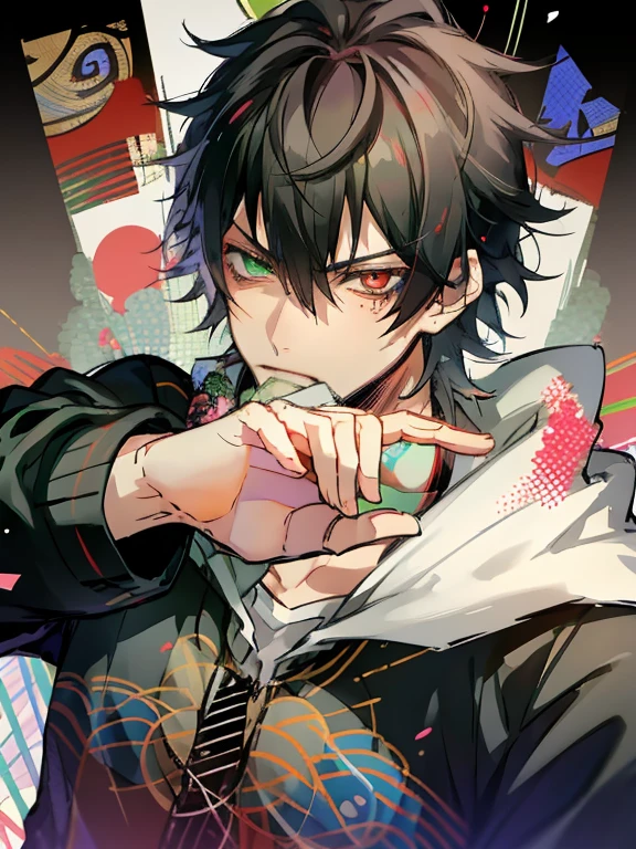 yamada ichiro\(Hypnosis Microphone\),(best quality)), buster bros, Male Focus,Red Eyes, Bangs, Black hair, Heterochromia, Green eyes,((muste piece)), perfect face,((1 male)),solo,Man in his 20s,Handsome guy,cool,