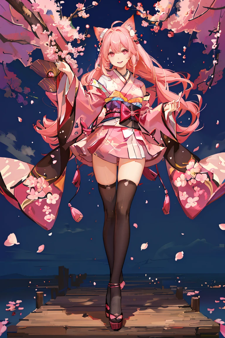 "anime girl, 1 person, pink hair, pink cat ears, pink eyes, kimono, cherry pink kimono, cherry blossom petal pattern on shirt, long stockings, big breasts, festival, New Year's Eve fireworks, watching  fireworks, night, smiled shyly,solo, looking from different directions, standing cross-legged. (full HD 4K+ image)"