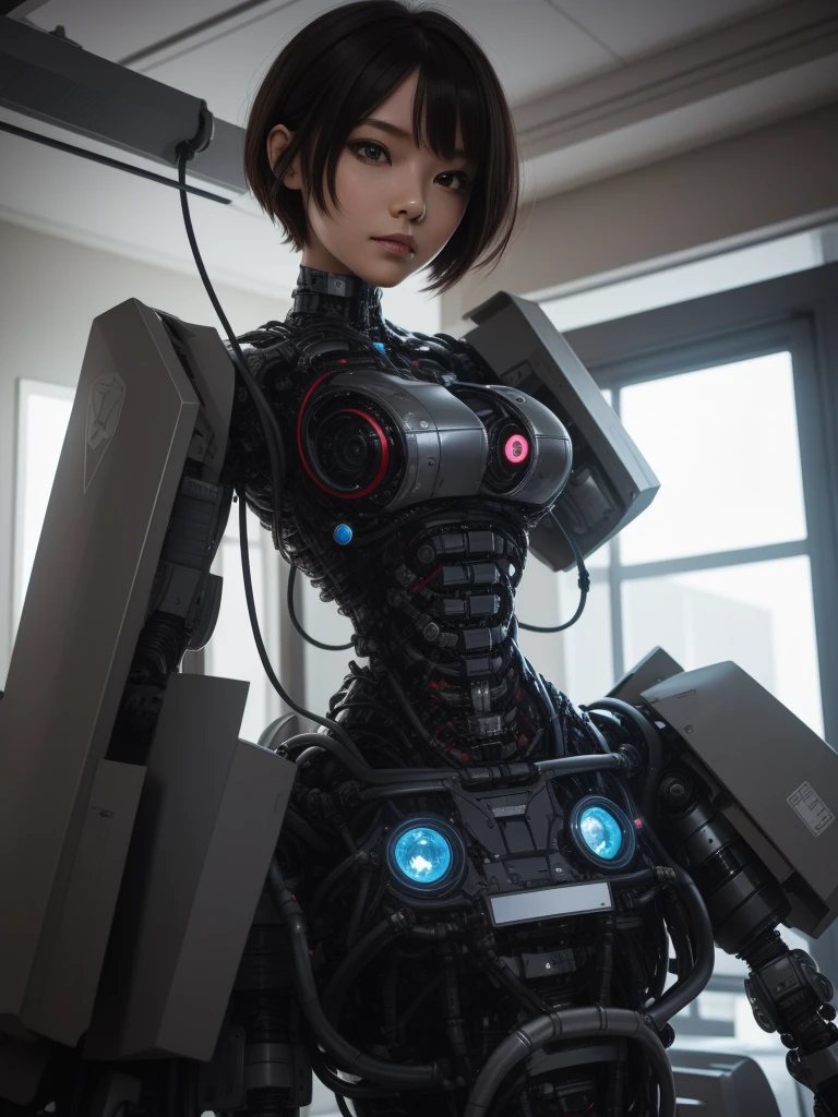 robot-girl,short detailed hair,Metal body,She is a doctor,Taking care of the elderly