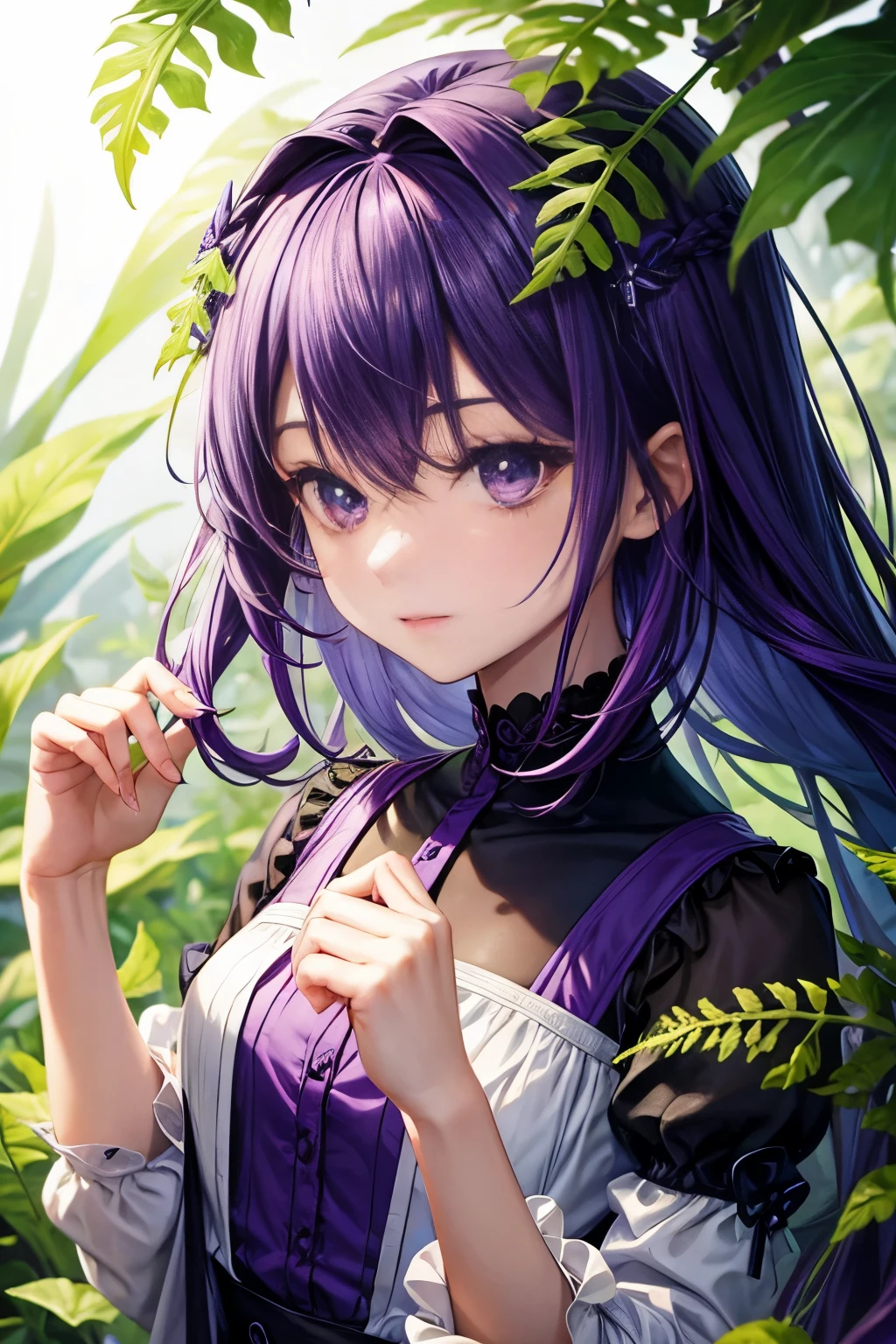 Fern, Fern_Clothes, Purple Hair, Purple eyes, Upper Body, cute, I&#39;m looking forward to, View your viewers, Look forward, Combat Post, Attack pose, magic circle, Plain background, Flat Illustration, 2D, staff, magic staff