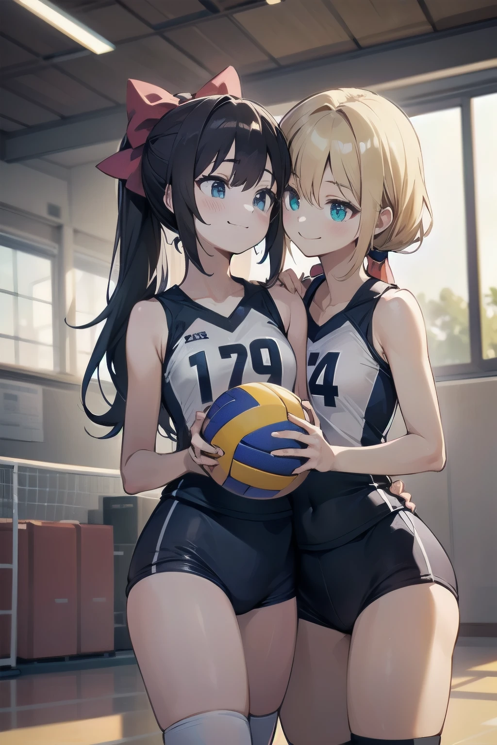 unity 8k wallpaper, anatomically correct, (((masterpiece))), (((best quality))), (((ultra detailed))), (((high-resolution))), ((super fine illustration)), ((Ultimate cutie)), detailed beautiful face, shiny hair, 18 years old,((blush)),  ((potbelly)), (curvy), medium breasts, ((Thick thighs)), sleeveless volleyball uniform, ((buruma)), ((knee pad)), (elbow pad), ((hold volleyball)), ((hold a 6-inch volleyball)), cowboy shot, in volleyball court, in school gymnasium, 
BREAK, (Yuri), 2girls_A_and_B, A girl_have_{{blond ponytail}}_{hair bow}_{{happy}}_{smile}, 
BREAK, B girl_have_{black short hair}_ {hair bow}_{{{smirk}}}