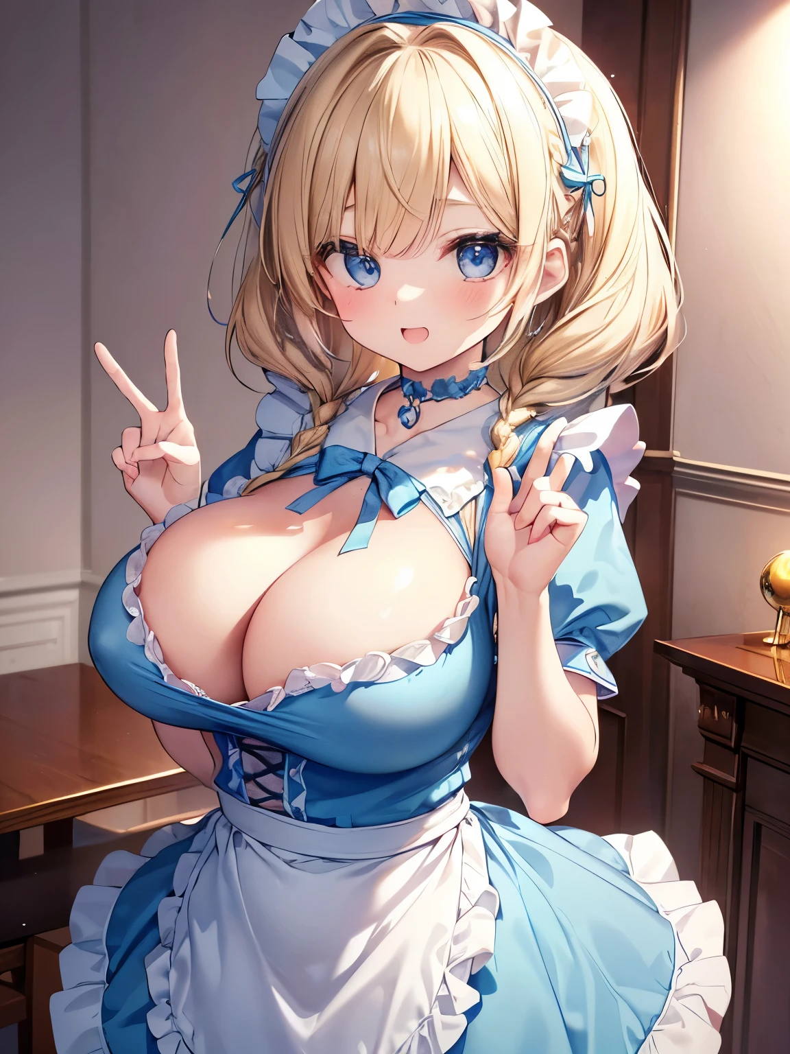 Masterpiece,Best Quality,(Super Detail),Perfect Lighting, Highly detailed CG,Super detailed,(Highly detailed eyes,Very cute face,Highly detailed face:1.3),Beautiful Anime Girl,(Solo Girl),(Super huge boobs:1.4),(Sensual,Glamorous:1.4),(Blonde,Medium Hair,Twin braids,Let your hair hang forward:1.2),(Big light blue eyes),(Very happy smile,Open your mouth wide),break,(Light blue maid outfit,Frill apron,Puff short sleeves,belly button,Micro Mini Skirt),Maid Headdress,frilled choker,Maid Cufflinks,Pink wallpaper coffee shop,Fancy furniture,Cowboy Shot,Dynamic Pose,(Close one eye,Peace sign with both hands,Perfect hands,５Finger)