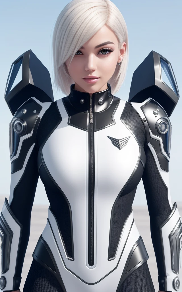 full body blonde android girl, in a cyber suit with short locks sticking out of her brain, sample neck and shoulders, with built-in rhinestone tones, white and silver style, futuristic, blingcore, ultra detailed, ultra realistic, unreal mechanism, UHD image - raw style, fresh and youthful complexion, playful and pose, vibrant and contrasting colors, futuristic fashion