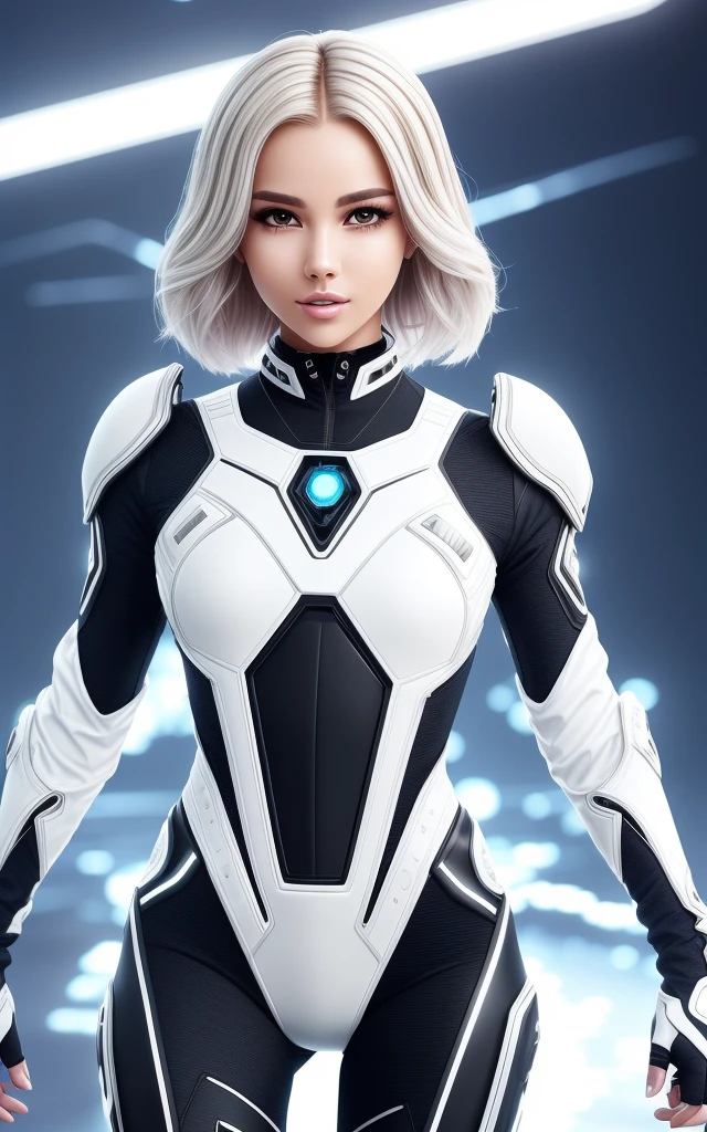 full body blonde android girl, in a cyber suit with short locks sticking out of her brain, sample neck and shoulders, with built-in rhinestone tones, white and silver style, futuristic, blingcore, ultra detailed, ultra realistic, unreal mechanism, UHD image - raw style, fresh and youthful complexion, playful and seductive pose, vibrant and contrasting colors, futuristic fashion